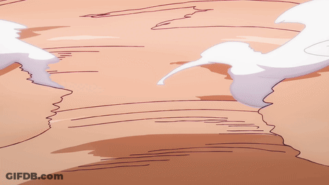 A Drawing Of Two Birds Flying Over A Sandy Surface GIF