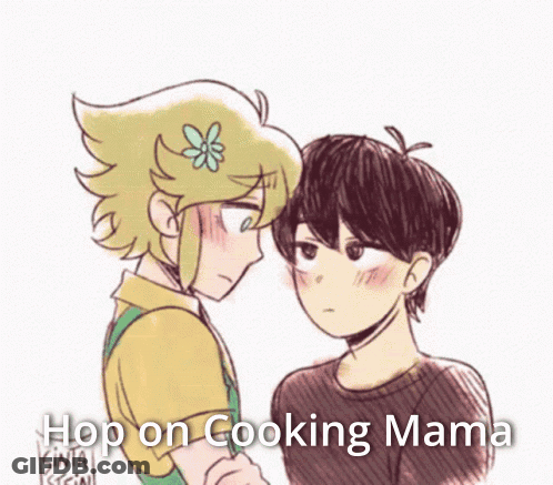 A Drawing Of Two Boys Looking At Each Other With The Caption `` Hop On Cooking Mama '' GIF