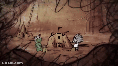 A Drawing Of Two Cartoon Characters Standing In Front Of A Castle Made Of Sand GIF
