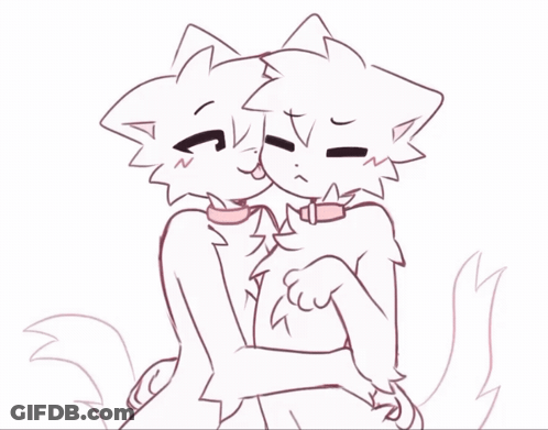 A Drawing Of Two Cats Hugging Each Other With One Wearing A Collar GIF