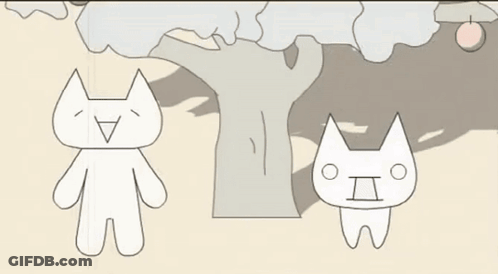 A Drawing Of Two Cats Standing Under A Tree With An Apple Hanging From It GIF
