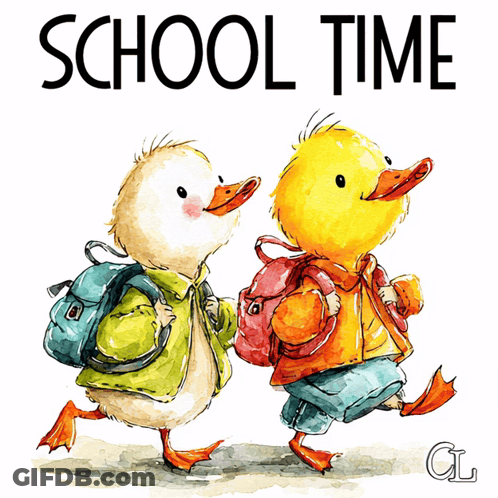 A Drawing Of Two Ducklings Walking To School With The Words School Time Behind Them GIF
