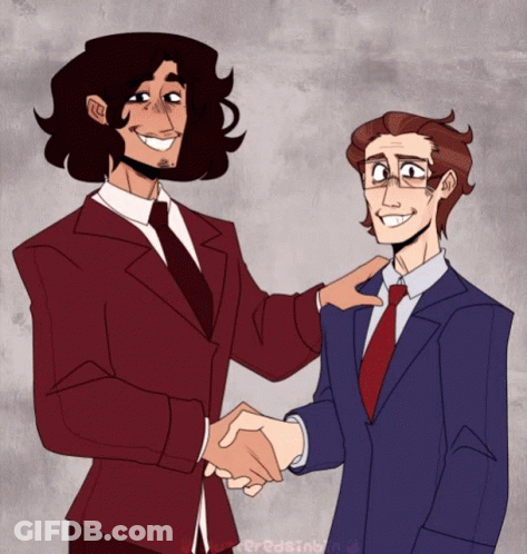 A Drawing Of Two Men In Suits Shaking Hands With The Name Redsing On The Bottom GIF