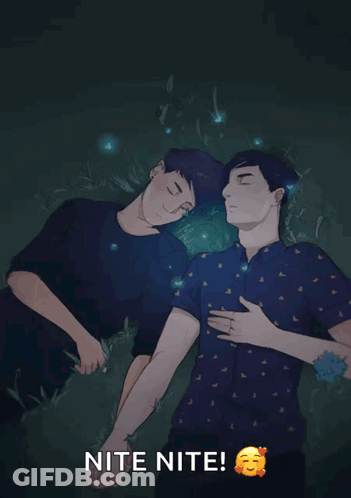 A Drawing Of Two Men Laying Next To Each Other With The Words " Nite Nite " Below Them GIF