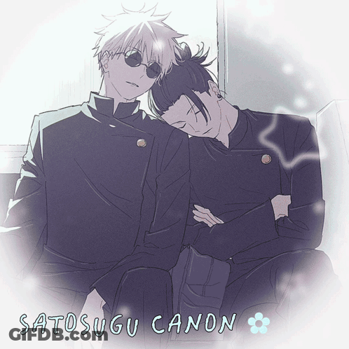 A Drawing Of Two Men Sleeping With The Words Satosugu Canon Below Them GIF
