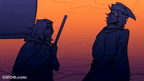 A Drawing Of Two Men Standing Next To Each Other . One Of The Men Is Holding A Stick . GIF