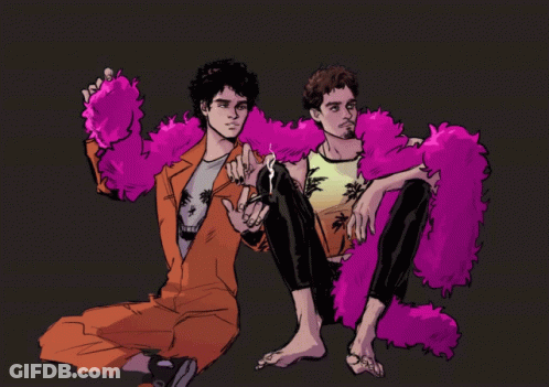 A Drawing Of Two Men Wearing Pink Fur Coats GIF