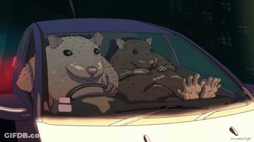 A Drawing Of Two Mice In A Car With The Word Lucky Written Below Them GIF