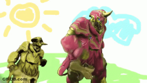A Drawing Of Two Monsters Standing Next To Each Other With The Sun In The Background GIF