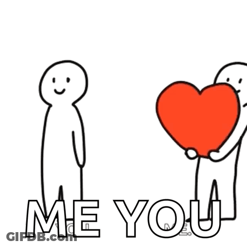 A Drawing Of Two People Holding A Red Heart With The Words Me You Written Below Them GIF