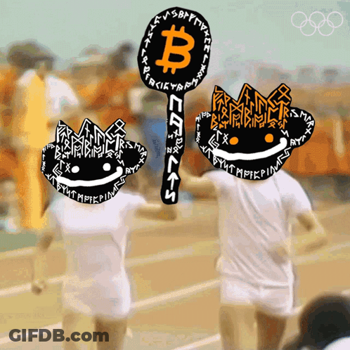 A Drawing Of Two People Holding Up A Sign With A Bitcoin Sign On It GIF