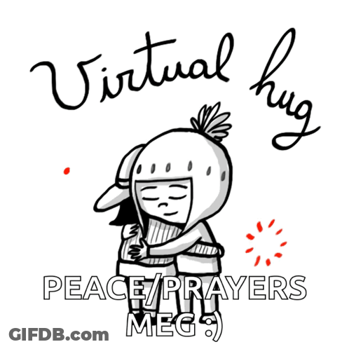 A Drawing Of Two People Hugging With The Words Virtual Hug Peace / Prayers Meg GIF