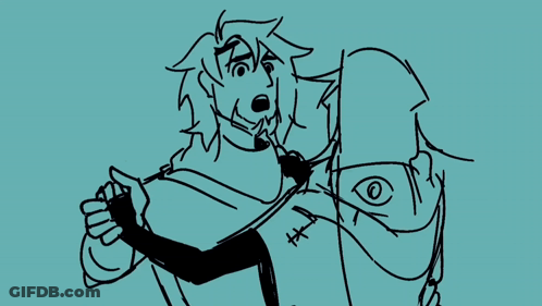 A Drawing Of Two People Standing Next To Each Other On A Blue Background . One Of The People Is Looking Through Binocula GIF