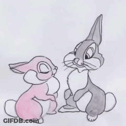 A Drawing Of Two Rabbits Kissing In Front Of A Red Heart GIF