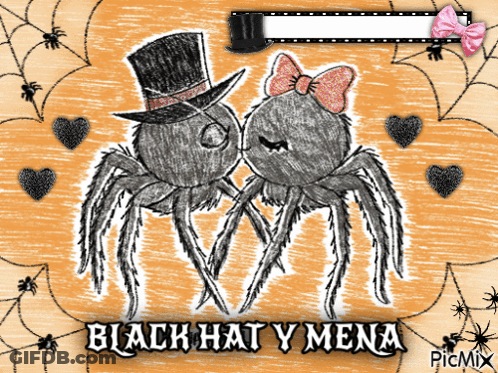 A Drawing Of Two Spiders Wearing Top Hats And Bows With The Words Black Hat Y Mena On The Bottom GIF
