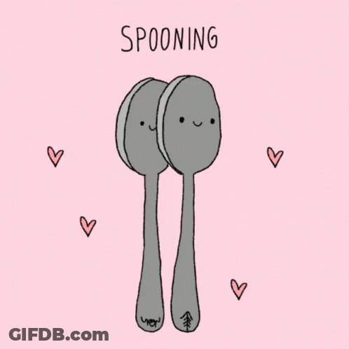 A Drawing Of Two Spoons With Faces And The Words " Spooning " GIF
