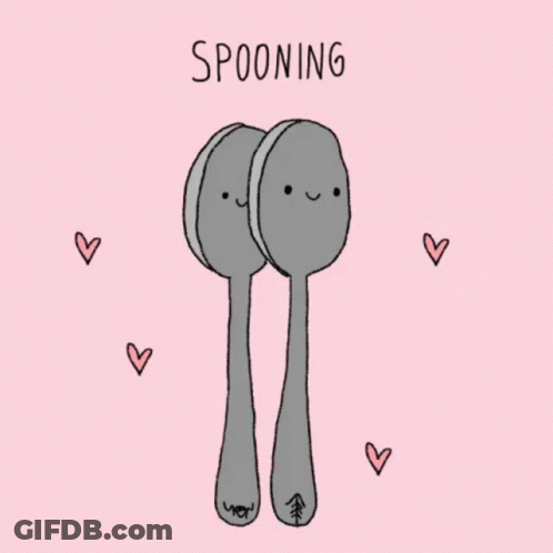 A Drawing Of Two Spoons With Faces And The Words " Spooning " GIF