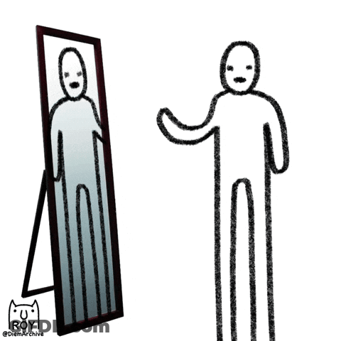 A Drawing Of Two Stick Figures Looking At Their Reflection In A Mirror GIF