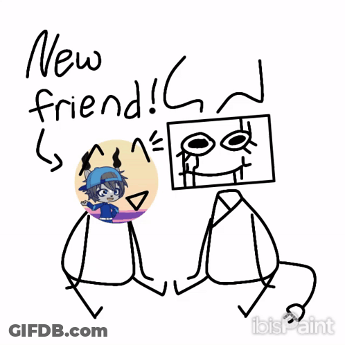 A Drawing Of Two Stick Figures Sitting Next To Each Other With The Words " New Friend " Written Above Them GIF