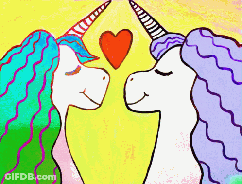 A Drawing Of Two Unicorns Kissing With A Red Heart In The Middle GIF
