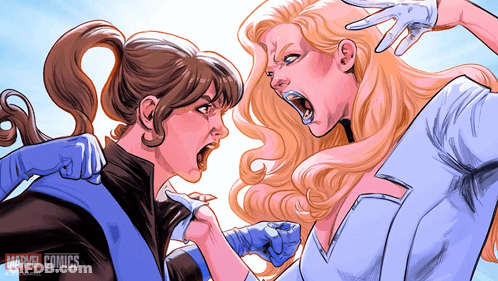 A Drawing Of Two Women With The Words Marvel Comics On The Bottom Right GIF