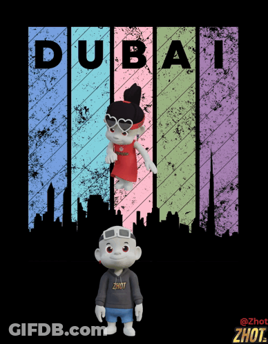 A Dubai Poster With A Boy And A Girl In Front Of It GIF