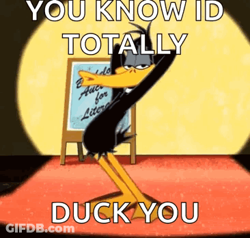A Duck From Looney Tunes Is Dancing On A Stage In Front Of A White Board . GIF