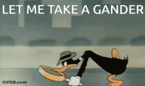 A Duck Holding A Magnifying Glass With The Words Let Me Take A Gander Above It GIF