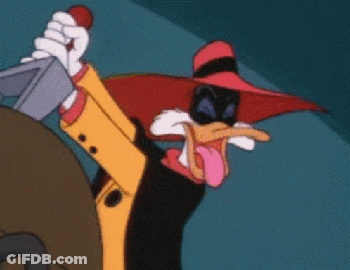 A Duck In A Red Hat Is Holding A Knife In His Hand . GIF