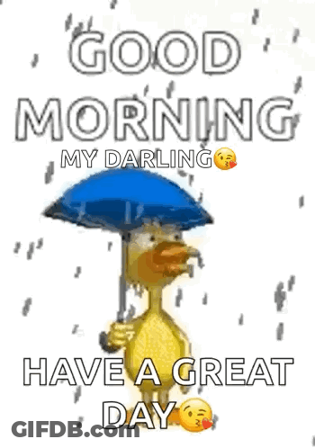 A Duck Is Holding A Blue Umbrella In The Rain . GIF