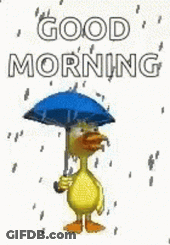 A Duck Is Holding A Blue Umbrella In The Rain . GIF