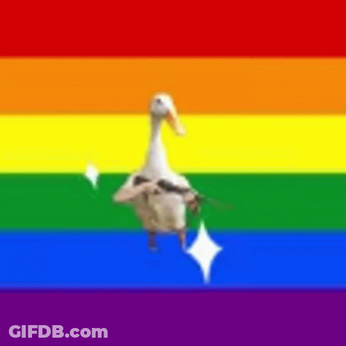 A Duck Is Standing In Front Of A Rainbow Flag With A Sparkle . GIF