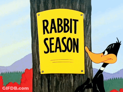 A Duck Is Standing Next To A Yellow Sign That Says Rabbit Season GIF