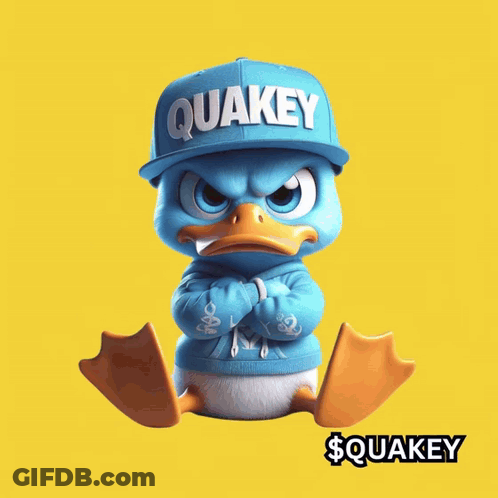 A Duck Wearing A Blue Hat That Says Quake GIF