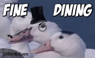 A Duck Wearing A Top Hat With The Words Fine Dining On The Bottom GIF