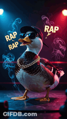 A Duck Wearing Sunglasses And A Hat With The Word Rap Written On It GIF