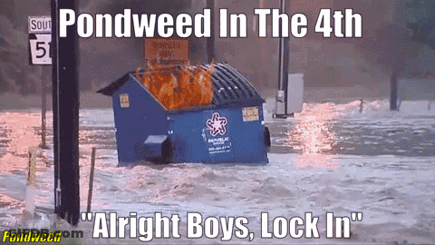 A Dumpster Is On Fire In A Flooded Area With The Caption " Pondweed In The 4Th " GIF