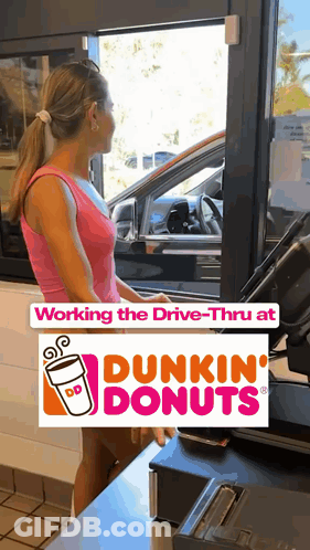 A Dunkin Donuts Advertisement With A Woman Standing In Front Of A Window GIF