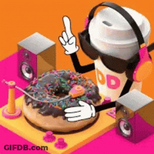 A Dunkin Donuts Cartoon Character Is Wearing Headphones And Holding A Donut On A Turntable GIF