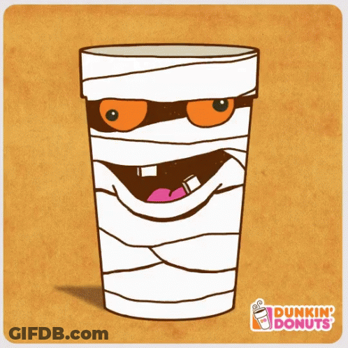 A Dunkin ' Donuts Cup With A Mummy 'S Face On It GIF