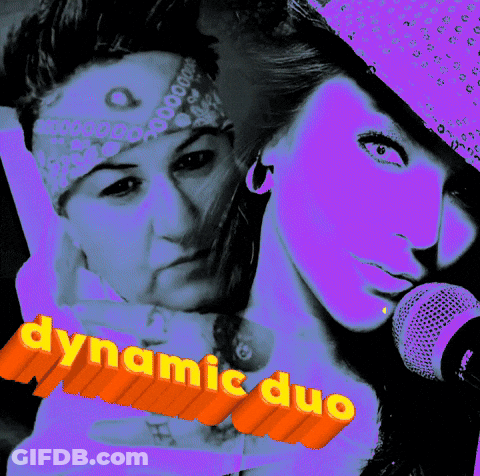A Dynamic Duo Poster With Two Women And A Microphone In The Foreground GIF