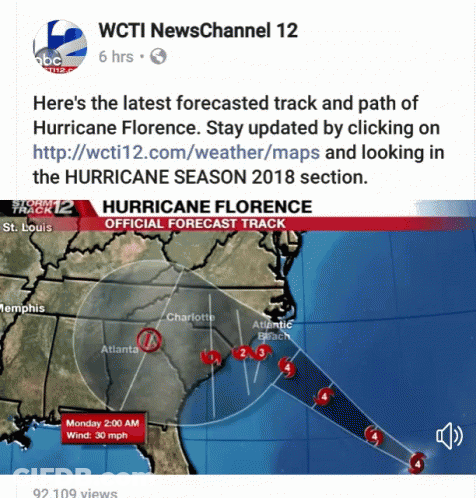 A Facebook Post From Wcti Newschannel 12 Shows The Latest Forecasted Track Of Hurricane Florence GIF