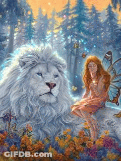 A Fairy Is Sitting Next To A White Lion In A Painting GIF
