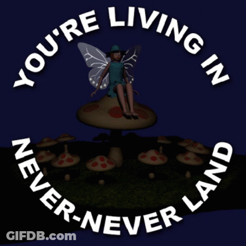 A Fairy Sitting On A Mushroom With The Words " You 'Re Living In Never-Never Land " GIF