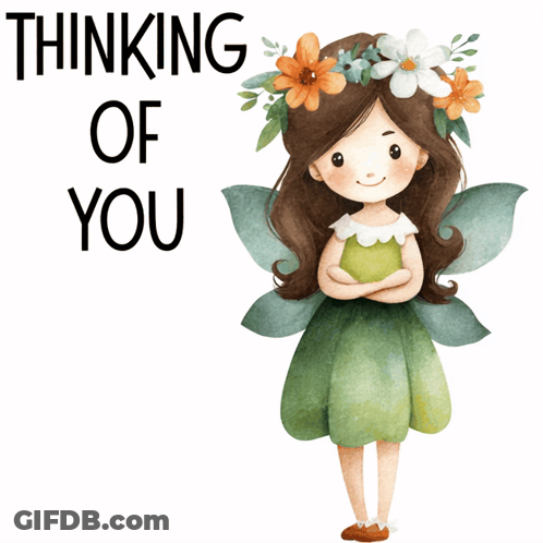 A Fairy With Flowers In Her Hair Is Holding An Apple And Says Thinking Of You GIF