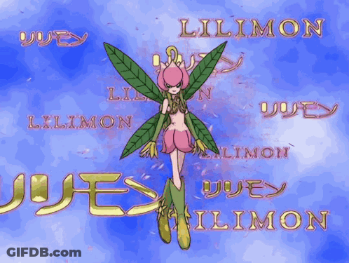 A Fairy With Green Wings Is Surrounded By The Names Lilimon GIF
