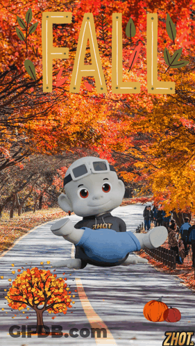 A Fall Poster With A Cartoon Character And The Word Fall GIF
