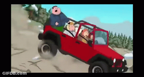 A Family Guy Cartoon Is Driving A Red Jeep GIF