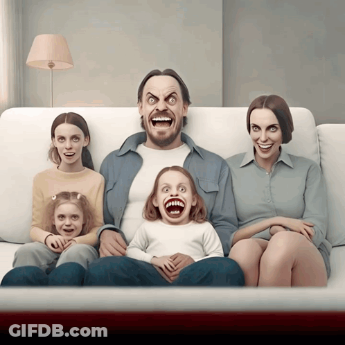 A Family Is Sitting On A Couch With Their Faces Drawn On GIF