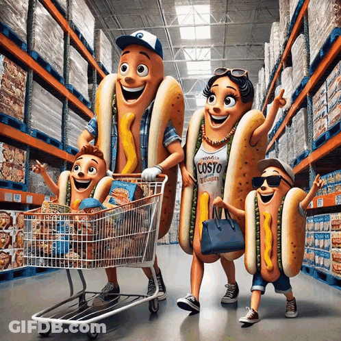 A Family Of Hot Dogs Are Shopping In A Store And One Of Them Is Wearing A Costo Shirt GIF
